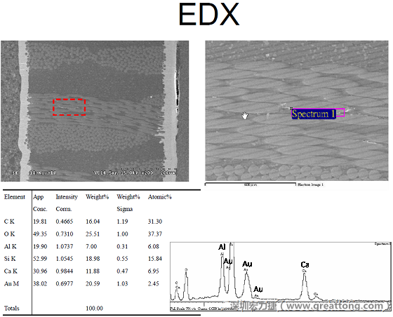 ACF(Conductive Anodic Filament，導墊性細絲物，陽極性玻璃纖維絲漏電現象)。用EDX打出來Au(金)的元素介于通孔與盲孔之間第一個位置。