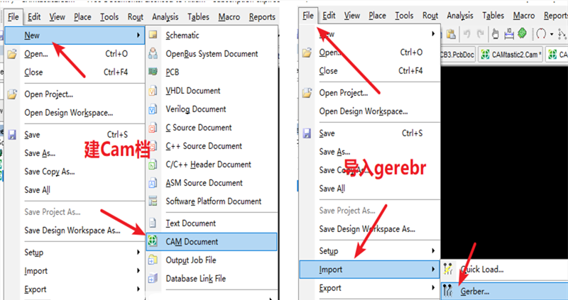 在File下新建 Cam檔，建后再File下導(dǎo)入Gerber文件，選擇所有文件導(dǎo)入gerber。
