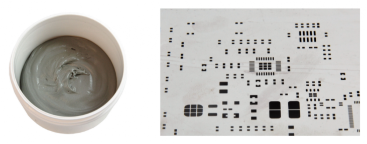 焊膏（左），PCB模板激光切割孔（右）